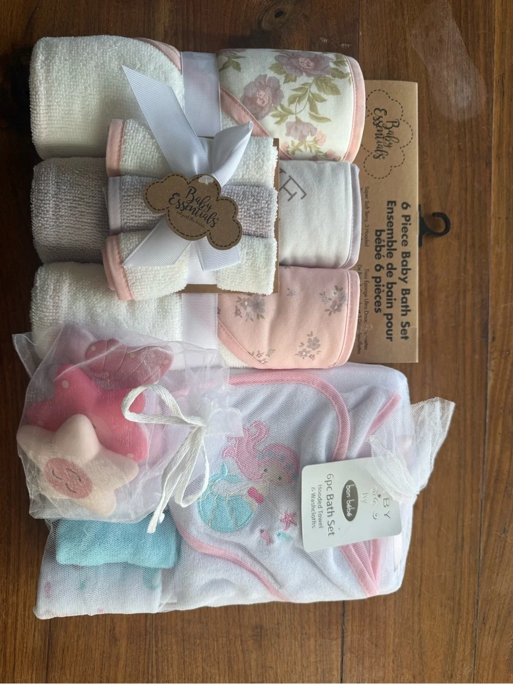 TWO 6-Piece Bath Sets & Bath Toys - Pink Floral & Mermaid